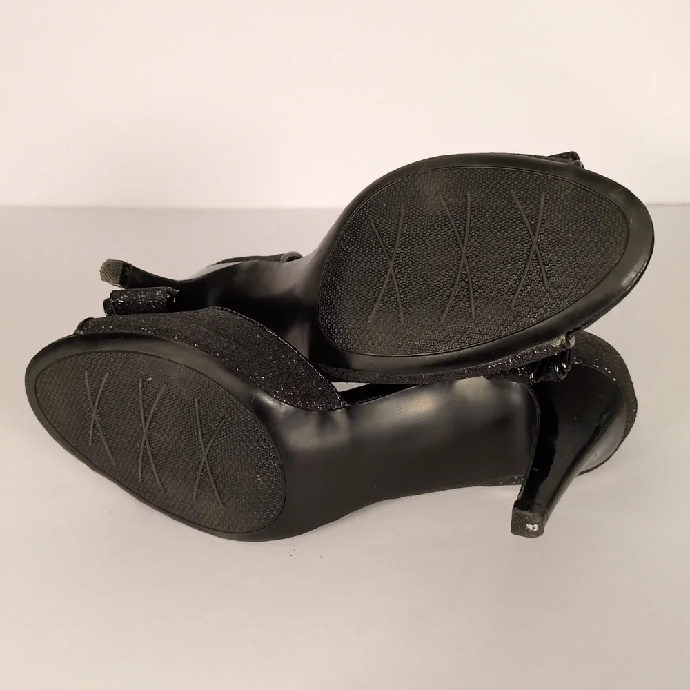 IMPO VTG Black‎ Heels SZ 7 Patent Leather Glitter Open Toe Bow Accent Pumps